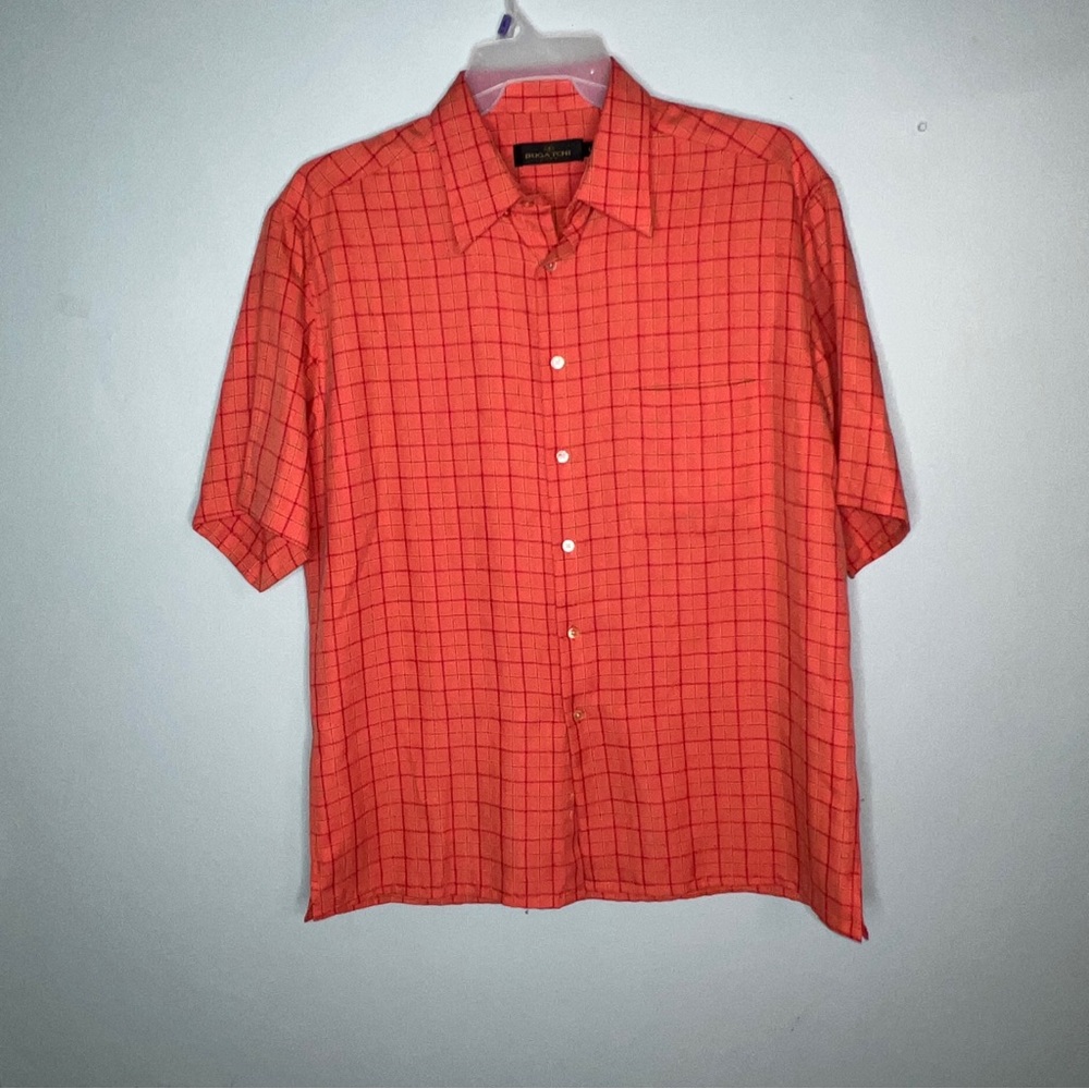Bugatchi Uomo Orange Checker Plaid Button Down Short Sleeve Mens Shirt Size L.